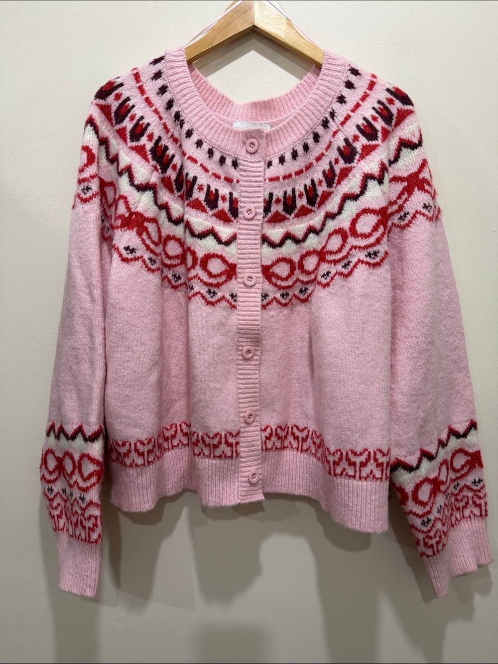 Revolve House of Harlow 1960 Pink & Red Fair Isle Cropped Cardigan - Picture 2 of 16